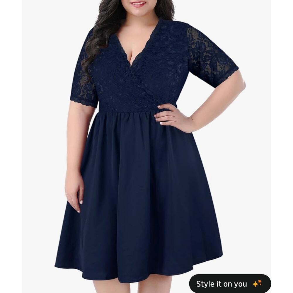 Half Sleeves V-Neckline Lace Top elastic waistCocktail Party Swing Dresss sz 24